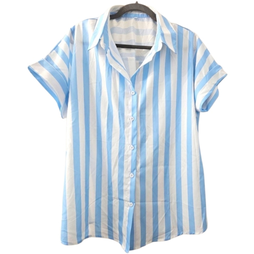 Womens Blue and White Striped Shirt Rolled Short Sleeve Size XL NEW